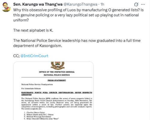 Statement of Senator Karungo wa Thang'wa on the arrest of seven individuals linked to Kariobangi North PCEA Church chaos. PHOTO/Screengrab by People Daily Digital/@KarungoThangwa/X