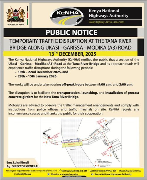 Statement of KeNHA on traffic disruption at Tana River Bridge on Tuesday, December 16, 2025. PHOTO/@KeNHAKenya/X