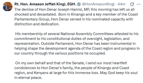 Statement of Senate Speaker Amason Kingi on MP denar Hamisi's demise on Saturday, December 6, 2025. PHOTO/Screengrab by People Daily Digital/@HonAmasonKingi/X