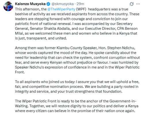 Statement of Kalonzo Musyoka receiving aspirants from across the country on Wednesday, December 10, 2025. PHOTO/Screengrab by People Daily Digital/@skmusyoka/X