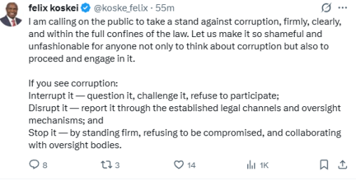 Statement of Head of Public Service Felix Koskei on the war against corruption on Sunday, December 14, 2025. PHOTO/Screengrab by People Daily Digital/@koskei_felix/X