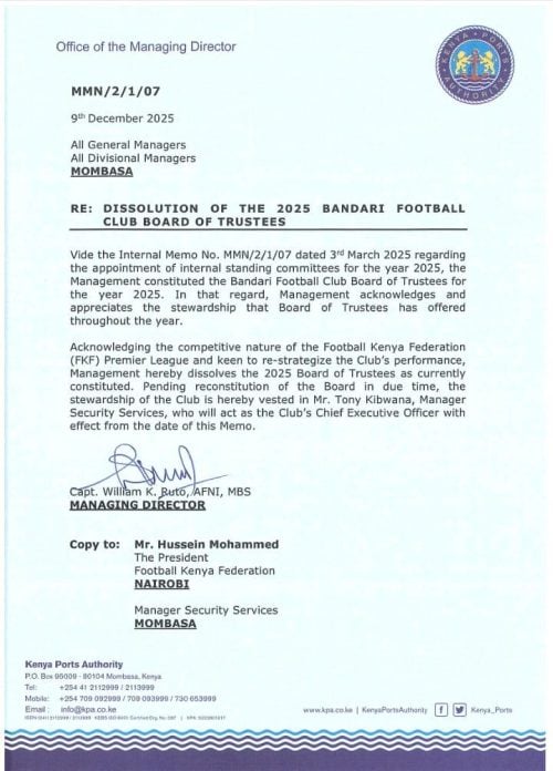 Statement of Bandari FC Board of Trustees dissolution by the Kenya Ports Authority on Tuesday, December 9, 2025. PHOTO/KPA