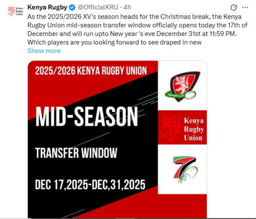 The Kenya Rugby Union (KRU) has officially announced the opening of the 2025/26 mid-season transfer window. PHOTO/Screengrab by People Daily Digital/@OfficialKRU/X