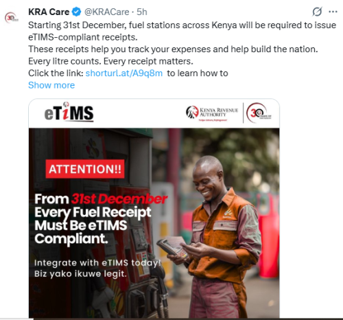 Statement of KRA on the eTIMS receipts for fuel stations nationwide released on Friday, December 19, 2025. PHOTO/Screengrab by People Daily Digital/@KRACare/X