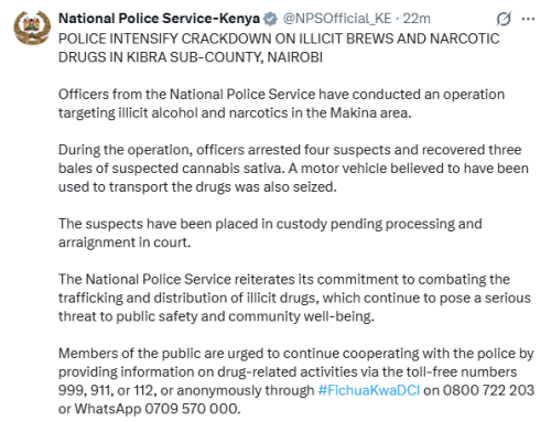 Statement of the National Police Service on the intensified crackdown on illicit brews and narcotic drugs in Kibra Su-County on Monday, December 29, 2025. PHOTO/Screengrab by People Daily Digital/@NPSOfficial_KE/X