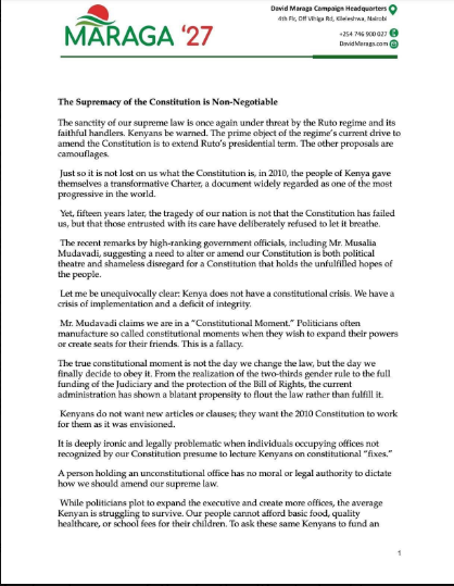 Part of the statement of David Maraga on the proposal to amend the 2010 Constitution. PHOTO/Screengrab by People Daily Digital/@dkmaraga/X