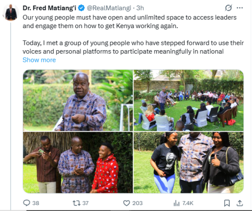 Fred Matiang'i engaging with the youth on Tuesday, December 16, 2025. PHOTO/Screengrab by People Daily Digital/@RealMatiangi/X