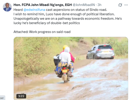 Treasury CS John Mbadi shared the status of Sindo Road on Wednesday, December 31, 2025. PHOTO/Screengrab by People Daily Digital/@JohnMbadiN/X