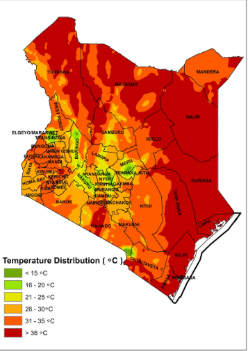 Temperature distribution in Kenya from Tuesday, December 30, 2025 to Monday, January 5, 2026. PHOTO/Screengrab by People Daily Digital/@MeteoKenya/X