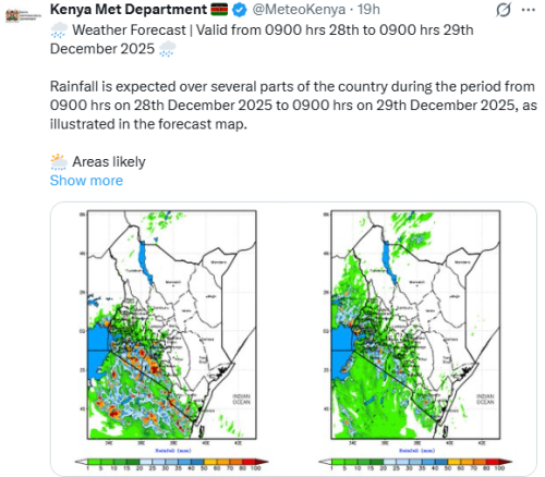 Weather advisory from the Kenya Meteorological Department for a period of 24 hours between Sunday, December 28, to Monday, December 29, 2025. PHOTO/Screengrab by People Daily Digital/@MeteoKenya/X