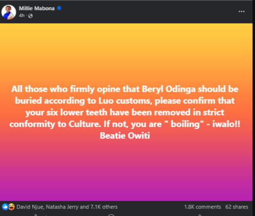 Statement of MP Millie Odhiambo defending Beryl Achieng's burial plans on Friday, December 5, 2025. PHOTO/Screengrab by People Daily Digital/Millie Mabona/Facebook