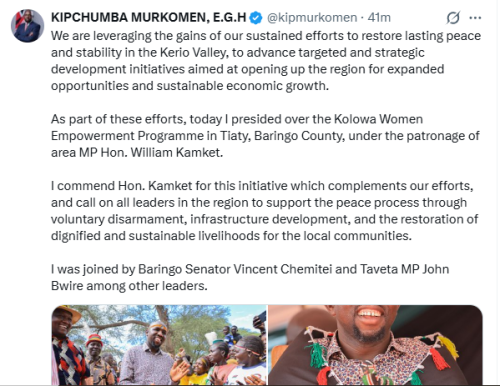 Statement of Kipchumba Murkomen on the restoration of peace in Kerio Valley. PHOTO/Screengrab by People Daily Digital/@kipmurkomen/X