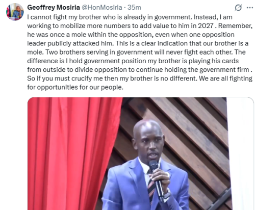 Geoffrey Mosiria's statement on the relationship with Fred Matiang'i. PHOTO/@HonMosiria/X