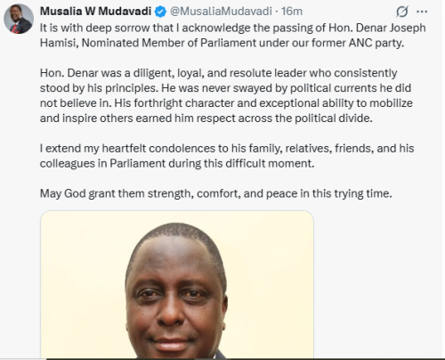 Statement of Prime Cabinet Secretary Moses Mudavadi on the death of MP Denar Hamisi on Saturday, December 6, 2025. PHOTO/Screengrab by People Daily Digital/@MusaliaMudvadi/X
