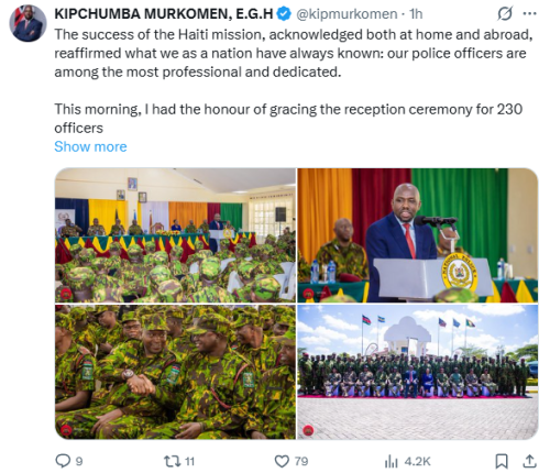 Interior CS Kipchumba Murkomen graced the reception ceremony for 230 officers returning from the Multinational Security Support Mission in Haiti on Wednesday, December 10, 2025. PHOTO/Screengrab by People Daily Digital/@kipmurkomen/X