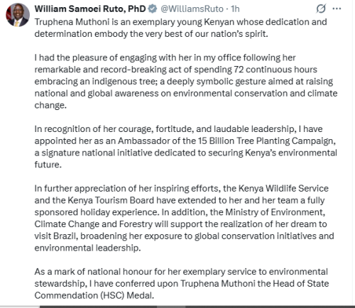 Statement of William Ruto on supporting Truphena Muthoni's Brazilian dream. PHOTO/Screengrab by People Daily Digital/@WilliamsRuto/X