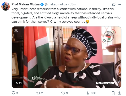 Statement of Makau Mutua over the remarks of Gathoni Wamuchomba regarding President William Ruto's Gikuyu support in 2027 presidential election. PHOTO/Screengrab by People Daily Digital/@makaumutua/X
