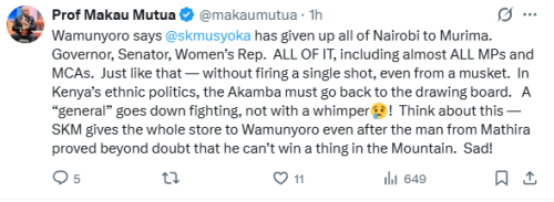 Statement of Makau Mutua over power-sharing deal between Wiper Party and DCP. PHOTO/Screengrab by People Daily Digital/@makaumutu/X 