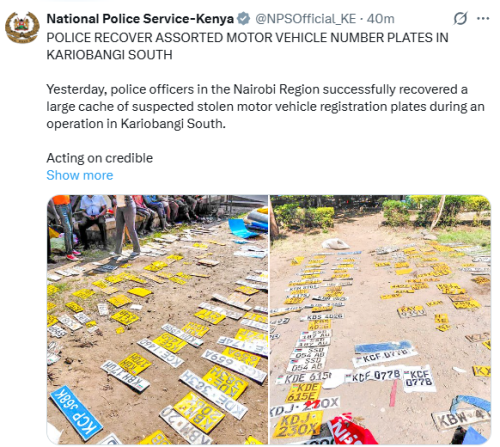 Statement of the NPS on the assorted vehicle number plates recovered in Kariobangi South on Friday, December 5, 2025. PHOTO/Screengrab by People Daily Digital/@NPSOfficial_KE/X