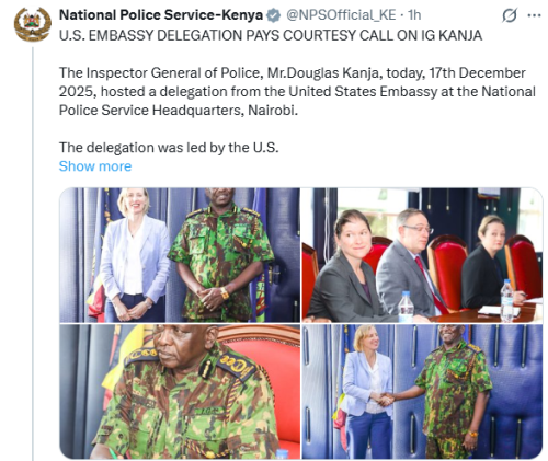 Policing cooperation meeting between the U.S Embassy and the National Police Service top brass on Wednesday, December 17, 2025. PHOTO/Screengrab by People Daily Digital/@NPSOfficial_KE/X