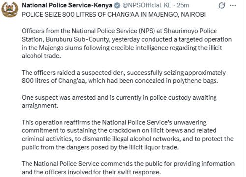 Statement of NPS on the seizure of illegal alcohol in Majengo on Saturday, December 27, 2025. PHOTO/Screengrab by People Daily Digital/@NPSOfficial_KE/X