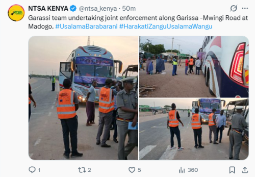 Statement of NTSA conducting road safety operations along Garissa-Mwingi Road on Wednesday, December 31, 2025. PHOTO/@ntsa_kenya/X