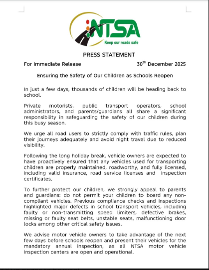 Statement of NTSA calling for traffic rules adherence as schools prepare to reopen in January 2026. PHOTO/Screengrab by People Daily Digital/@ntsa_kenya/X