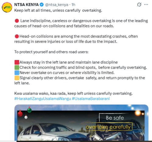Statement of NTSA on reduction of road carnages in festive season. PHOTO/Screengrab by People Daily Digital/@ntsa_kenya/X