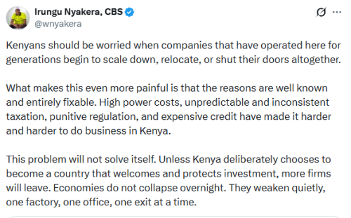 Statement of Irungu Nyakera on established firms exiting the Kenyan market on Tuesday, December 30, 2025. PHOTO/Screengrab by People Daily Digital/@wnyakera/X
