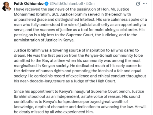 Statement of LSK President Faith Odhiambo on the passing of Justice Mohammed Ibrahim. PHOTO/Screengrab  by People Daily Digital/@FaithOdhiambo/X