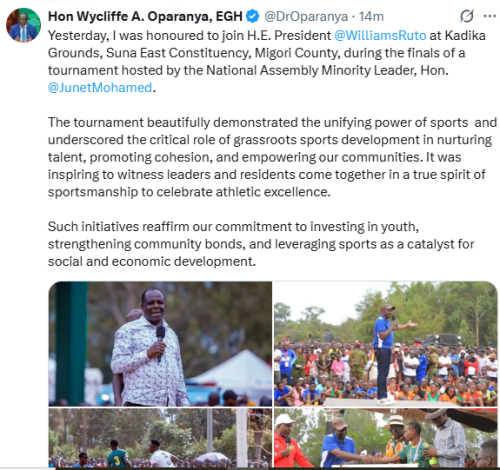 statement of Wycliffe Oparanya on the Junet Mohamed tournament   finals played on Saturday, December 27, 2025 at the at Kadika Grounds, Suna East Constituency, Migori County. PHOTO/Screengrab by People Daily Digital/@DrOparanya/X
