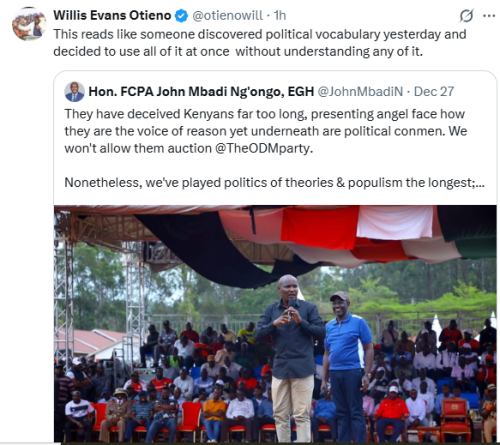 Statement of lawyer Willis Otieno firing back at Treasury CS John Mbadi over the auction of ODM. PHOTO/Screengrab by People Daily Digital/@otienowill/X