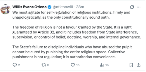 Statement of Willis Otieno on religious institutions self-regulation on Sunday, December 14, 2025. PHOTO/Screengrab y People Daily Digital/@otienowill/X