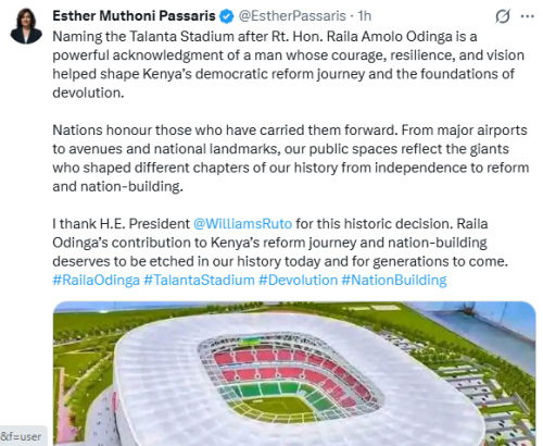 Esther Psaaris statement pn renaming of Talanta Stadium after Raila Odinga. PHOTO/Screengrab by People Daily Digital/@EstherPassaris/X