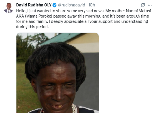 Statement of David Rudisha confirming the death of his mother Naomi Matasi on Friday, December 19, 2025. PHOTO/Screengrab by People Daily Digital/@rudishadavid/X
