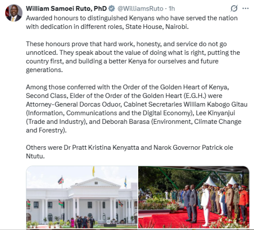 President William Ruto's statement on national honorees on Friday, December 12, 2025. PHOTO/Screengrab by People Daily Digital/X