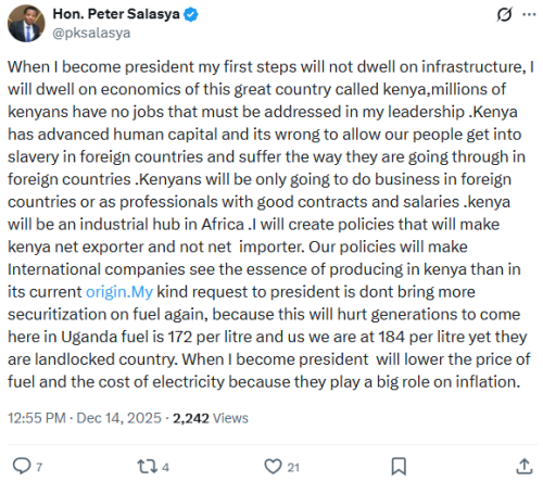 Statement of MP Peter Salasya making Kenya an  industrial hub on Sunday, December 14, 2025. PHOTO/Screengrab by People Daily Digital/@pksalasya/X