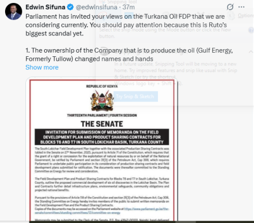 Statement of Edwin Sifuna as Senate invites public submissions on South Lokichar Oil Development Plans. PHOTO/Screengrab by People Daily Digital/@edwinsifuna/X