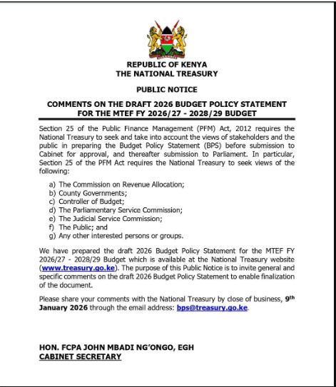 National Treasury statement inviting public input on the Draft 2026 Budget Policy Statement (BPS) for the Medium-Term Expenditure Framework (MTEF) covering the 2026/27 to 2028/29 financial years. PHOTO/Screengrab by People Daily Digital/@KeTreasury/X