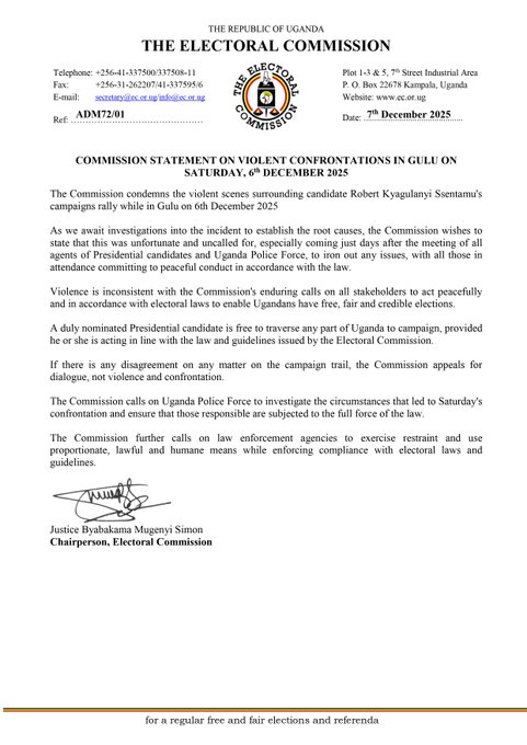 Statement of Ugnada Electoral Commission on violence witnessed in Gulu at Bobi Wine's campaign. PHOTO/@UgandaEC/X