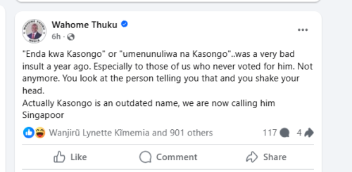 Lawyer Wahome Thuku's Facebook post. PHOTO/Screengrab by People Daily Digital