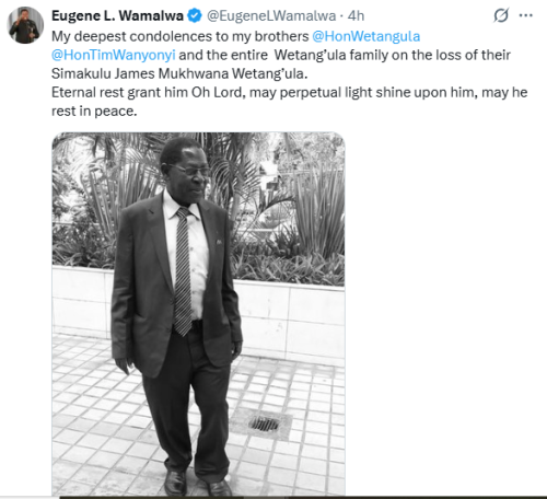 Eugene Wamalwa's message of condolence to the Wetang'ula's family on Wednesday, December 10, 2025. PHOTO/Screengrab by People Daily Digital/@EugeneLWamalwa/X