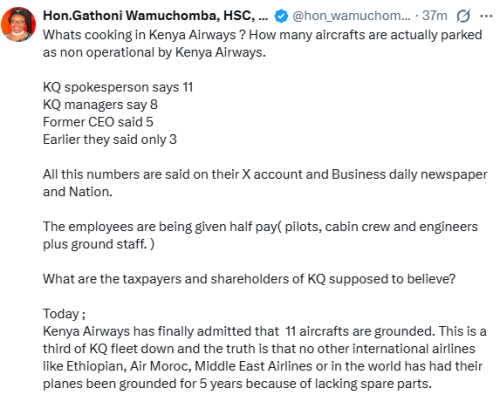 Statement of Gathoni Wamuchomba on KQ's operational challenges and inconsistencies on grounded aircraft data. PHOTO/Screengrab by People Daily Digital/@hon_wamuchomba/X