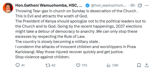 Statement of Gathoni Wamuchomba condemning the teargas incident in a Kariobangi North PCEA Church on Sunday, November 30, 2025. PHOTO/Screengrab by People Daily Digital/@hon_wamuchomba/X