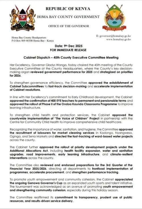 Statement on 2026 development priorities in Homa Bay County approved by the Cabinet on Tuesday, December 9, 2025. PHOTO/@gladyswanga/X