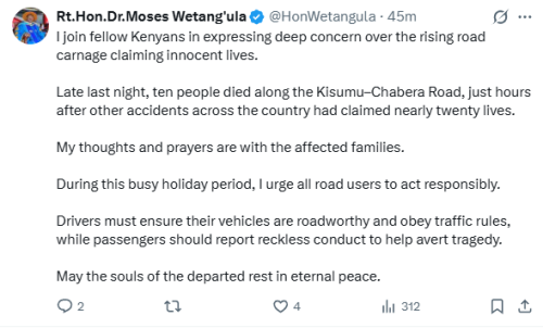 Moses Wetang'ula's statement on the rising road carnages in festive season on Monday, December 15, 2025. PHOTO/Screengrab  y People Daily Digital/@HonWetangula/X