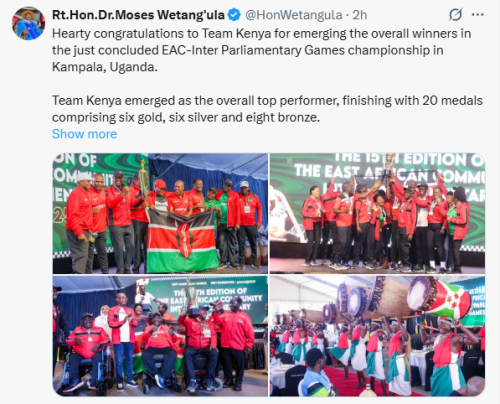 Congratulatory message of Speaker Moses Wetang'ula following Team Kenya's performance at EAC Inter-Parliamentary Games. PHOTO/Screengrab by People Daily Digital/@HonWetangula/X