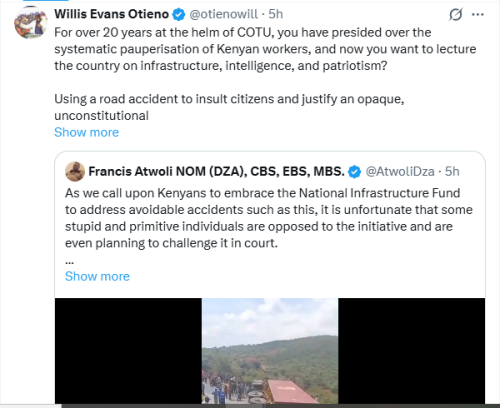 X statement of city lawyer Willis Otieno calling out Francis Atwoli over the National Infrastructure  Fund remarks on Tuesday, December 16, 2025. PHOTO/Screengrab by People Daily Digital/@otienowill/X