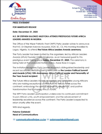 The Wiper Patriotic Front Party statement on Kalonzo Musyoka's trip to Nigeria on Wednesday, December 31, 2025. PHOTO/Screengrab by People Daily Digital/@TheWiperParty/X