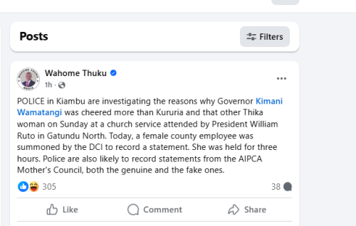 Lawyer Wahome Thuku's Facebook post. PHOTO/Screengrab by People Daily Digital